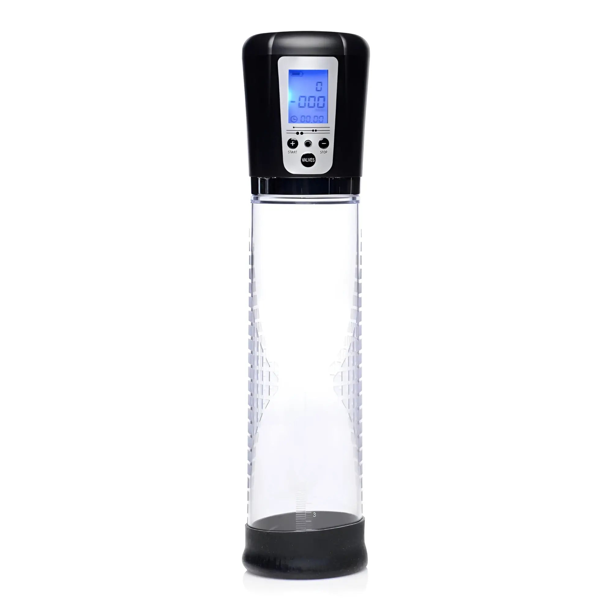 Size Matters 4-Level Power Suction Pump: Clear cylinder with black base and digital control head featuring a blue display.