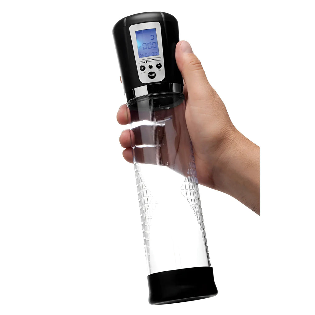Hand holds a clear, cylinder Size Matters 4 Level Power Suction Penis Pump with a black digital control base.