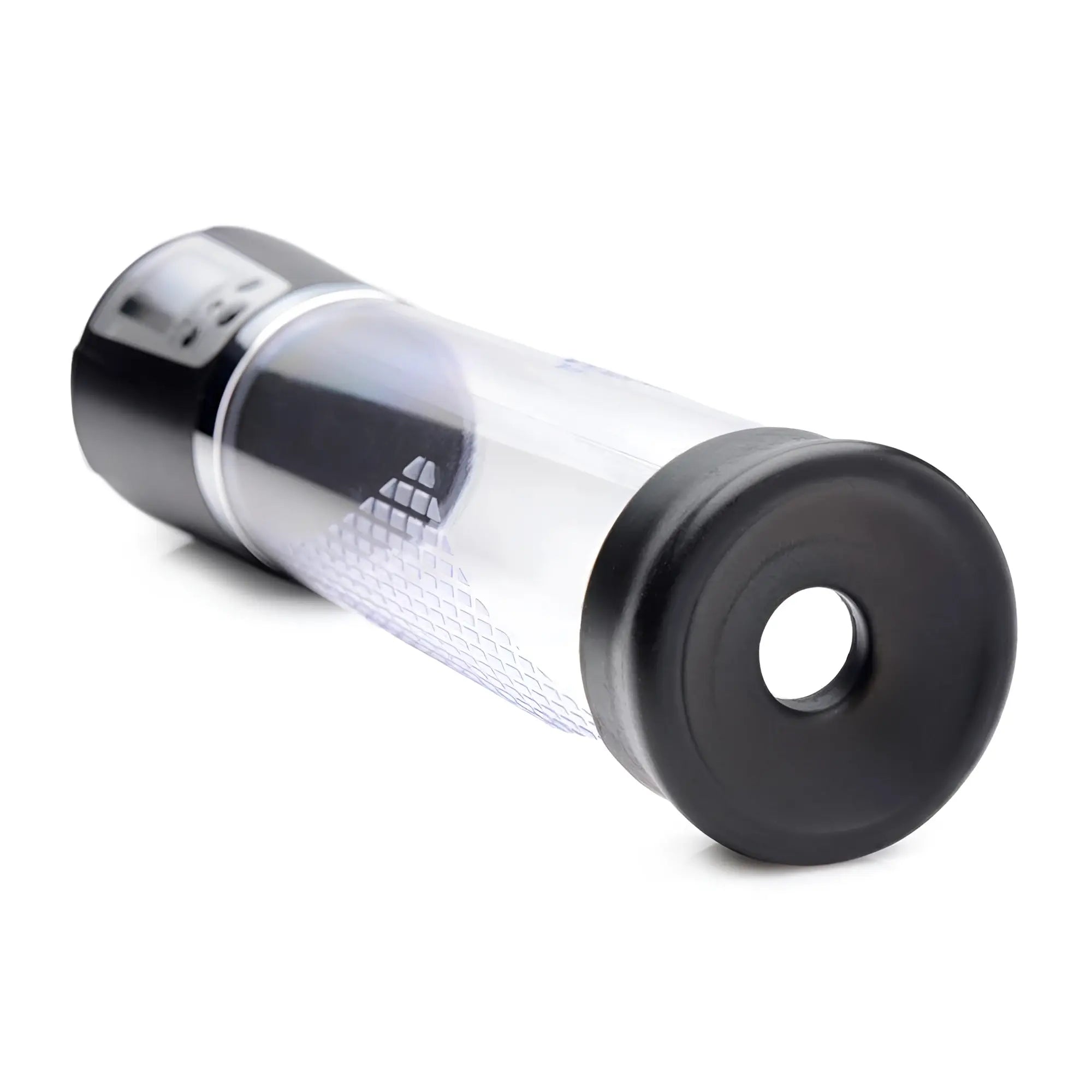 Size Matters 4-level penis pump with a clear tube, black base, and digital display end, isolated on white background.