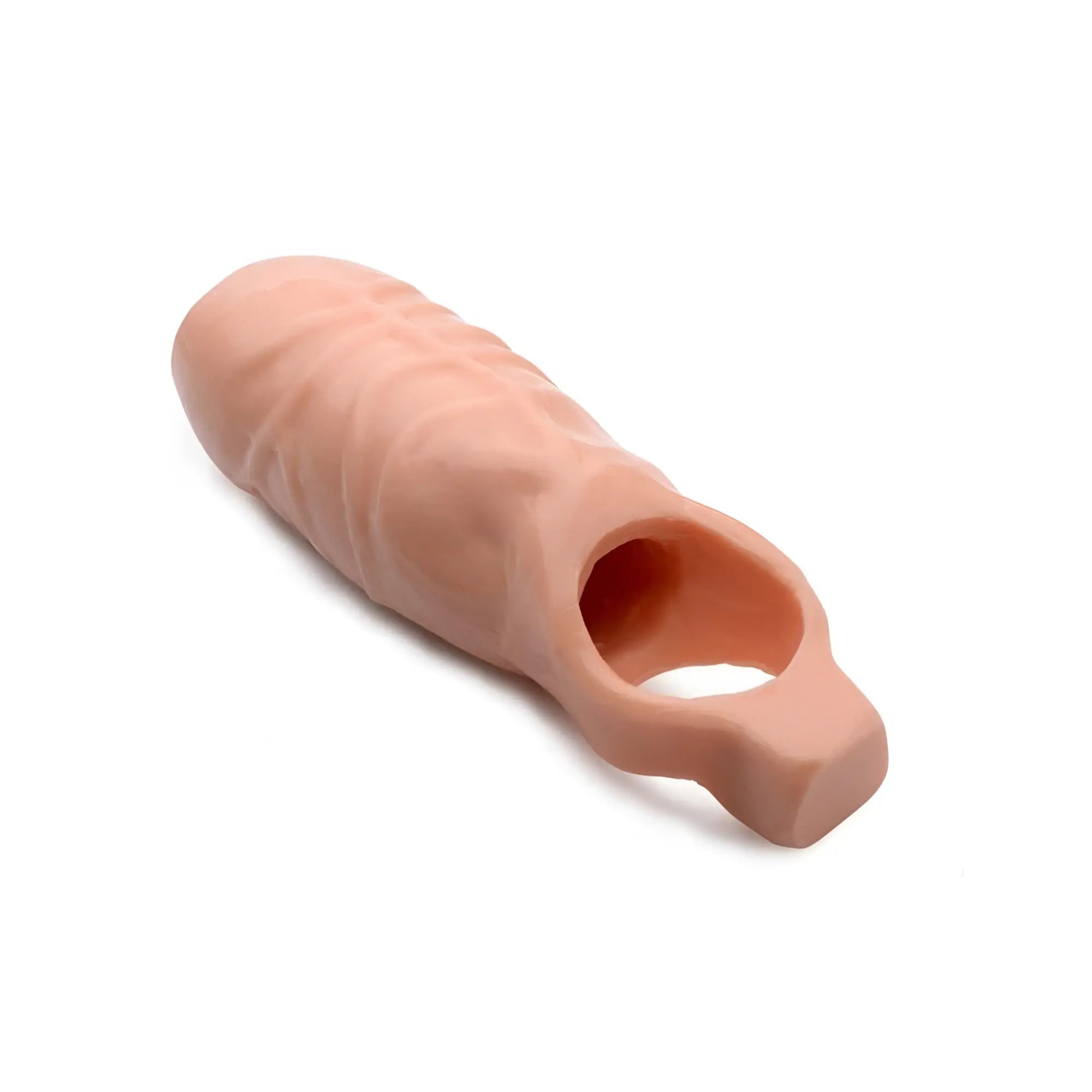 Size Matters 5 Inch Open Tip Penis Extension: A flesh-toned, textured silicone sleeve with a hollow open-tip design.