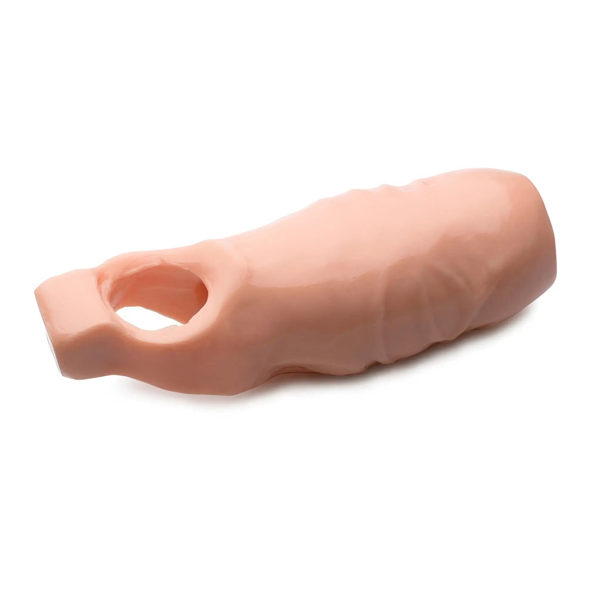 Size Matters 5-inch flesh-toned open-tip penis extension with a realistic, textured, cylindrical design on white.