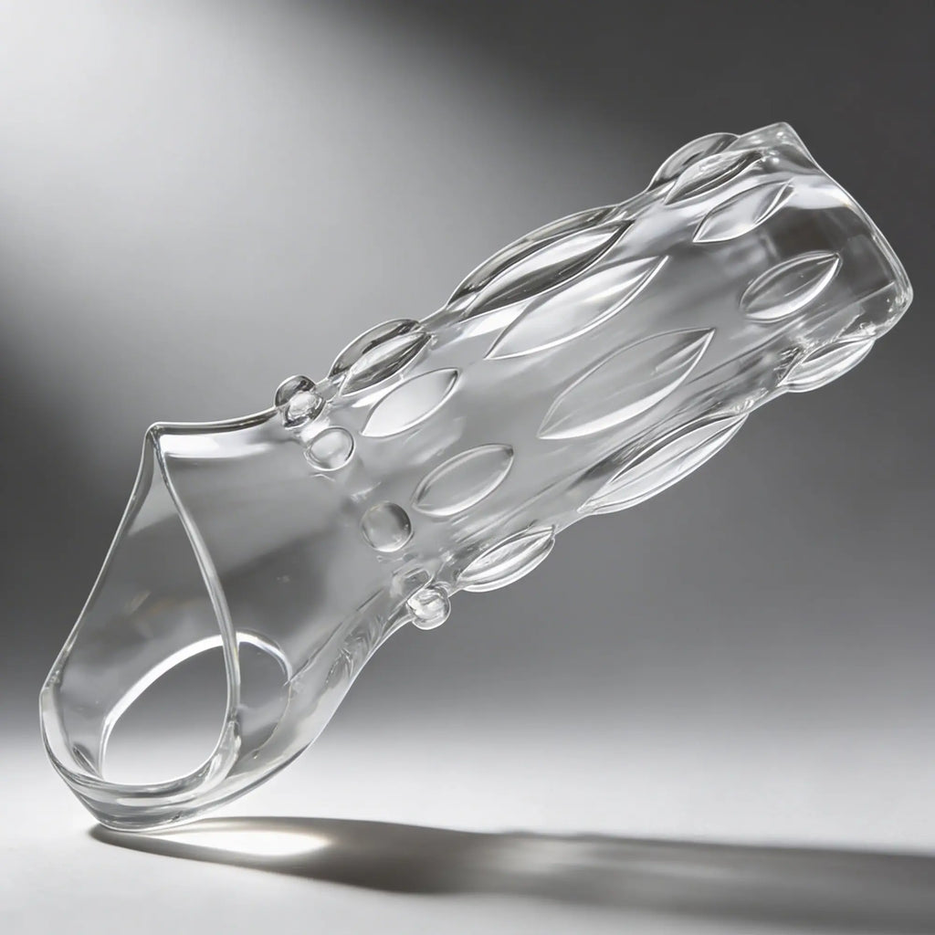 Clear Size Matters Sensations Enhancer sleeve featuring a textured, transparent design with raised oval bumps.