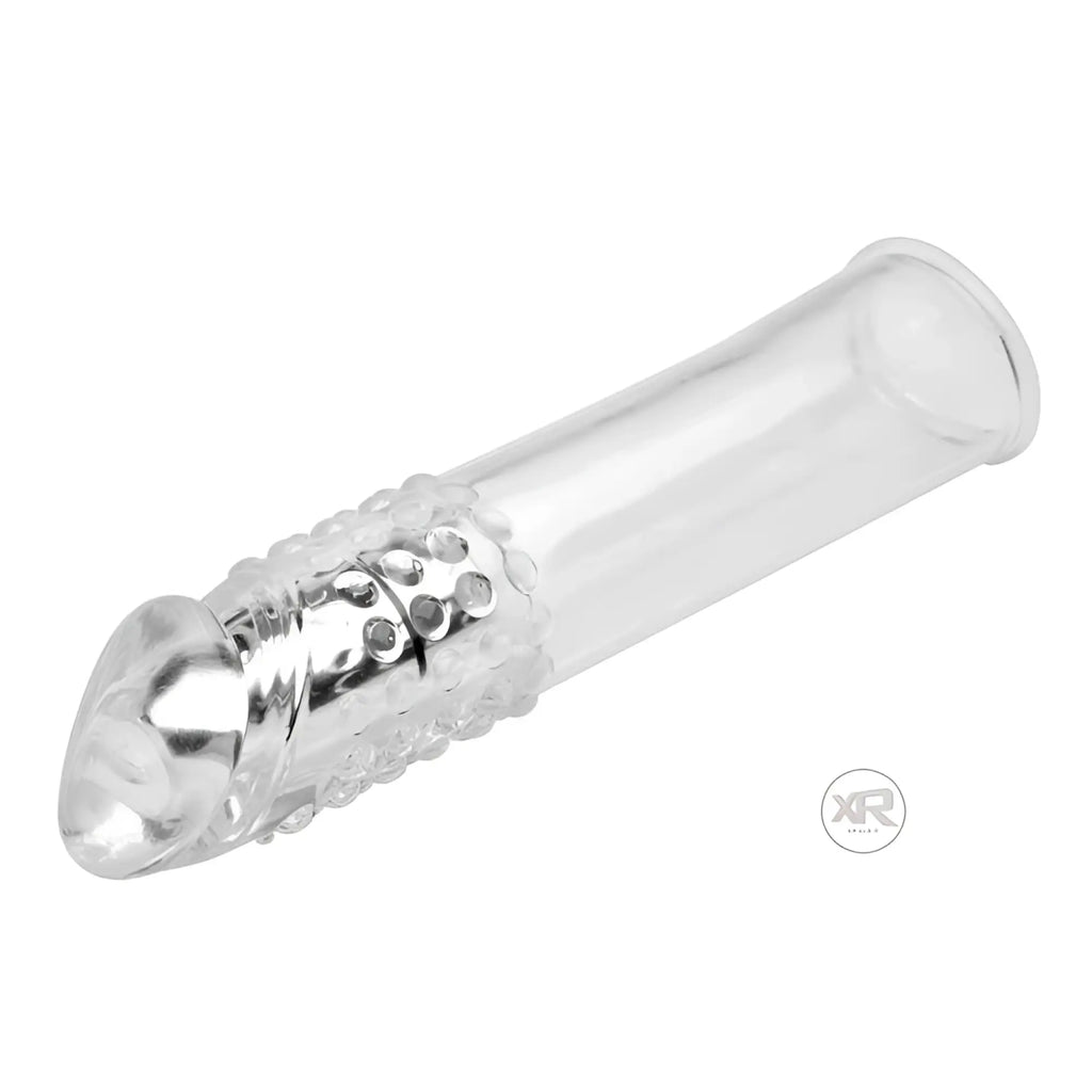 Size Matters Clear Sensations: A clear, tubular vibrating penis enhancer with a textured, beaded head.