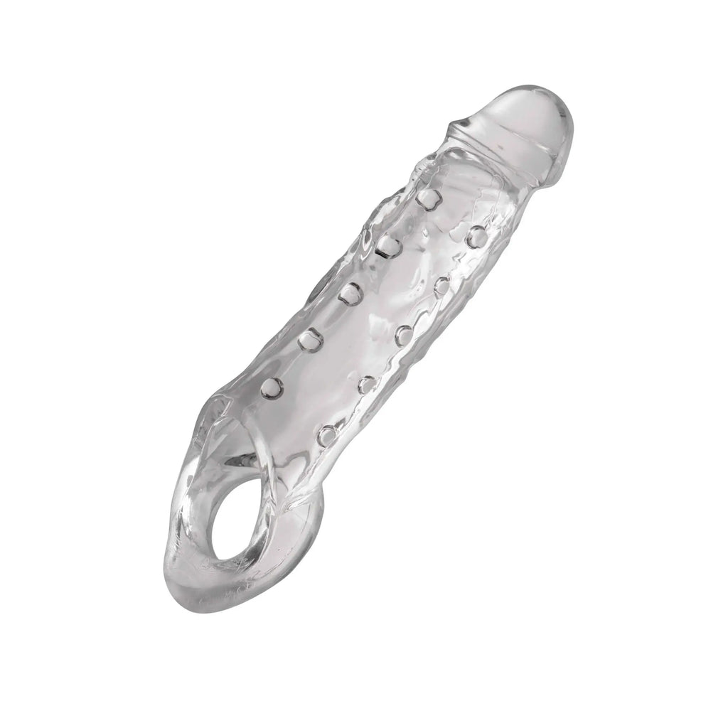 Size Matters The Clearly Ample clear, textured silicone penis extender with a base ring against a white background.
