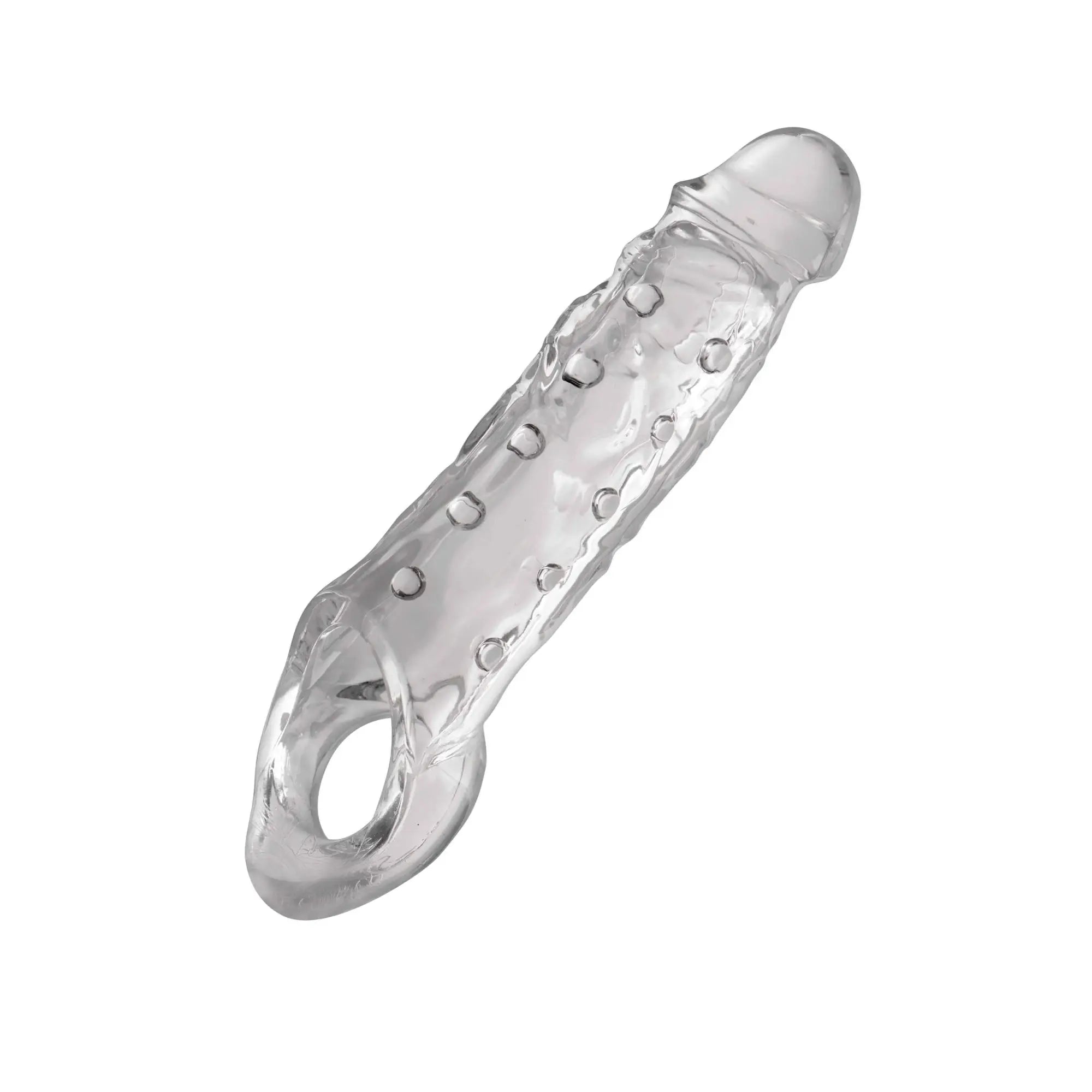Size Matters The Clearly Ample clear, textured silicone penis extender with a base ring against a white background.