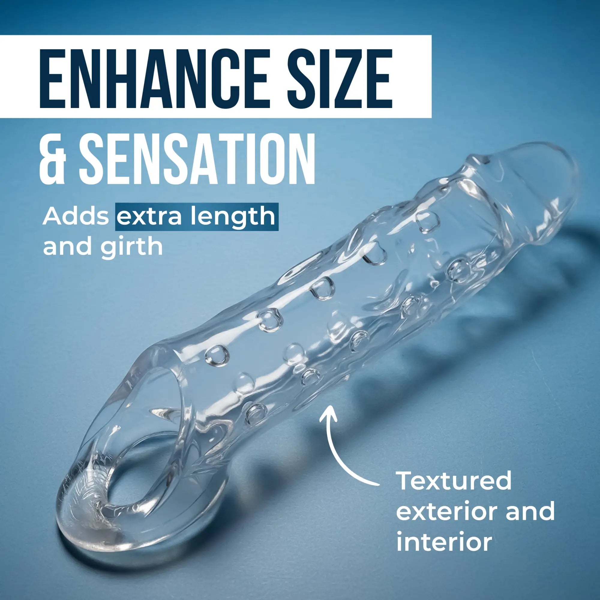 Size Matters The Clearly Ample clear, textured penis extender on a blue background with promotional text overlays.