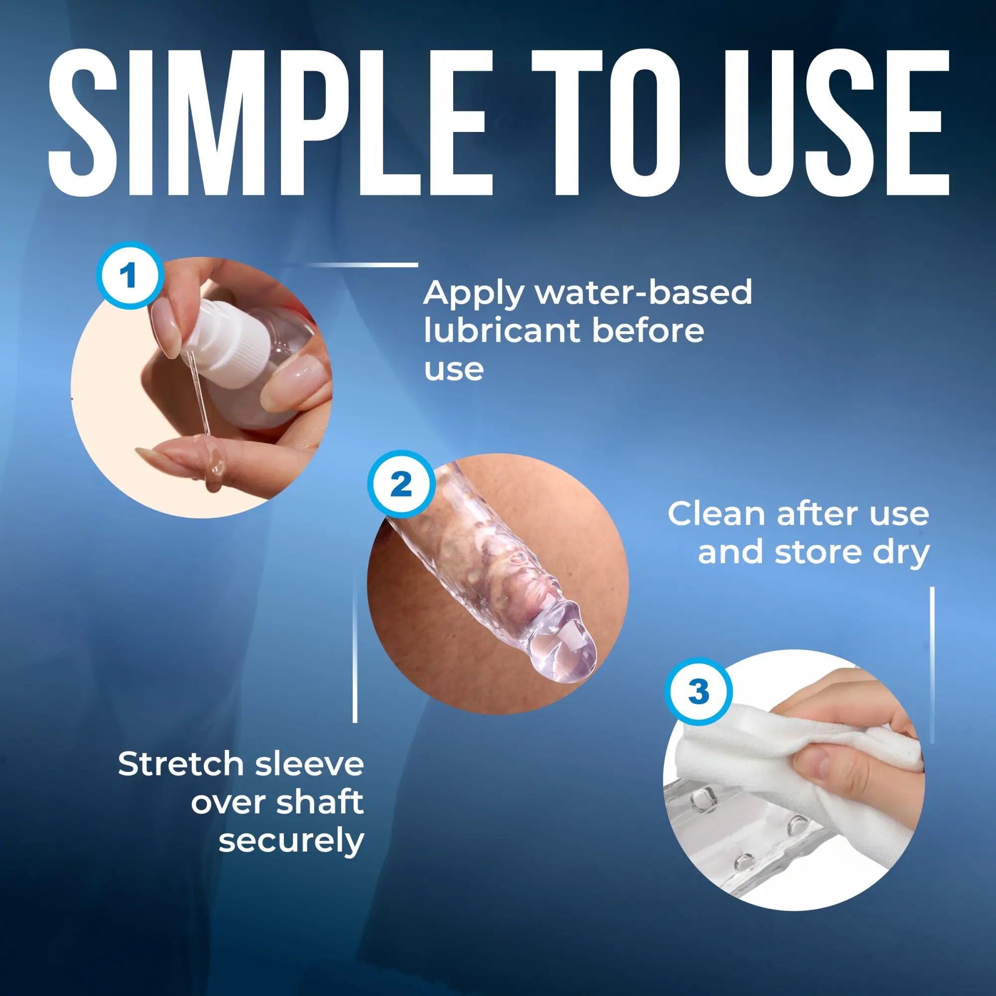 Size Matters The Clearly Ample: 3-step guide showing how to apply lubricant, use, and clean the clear sleeve extender.