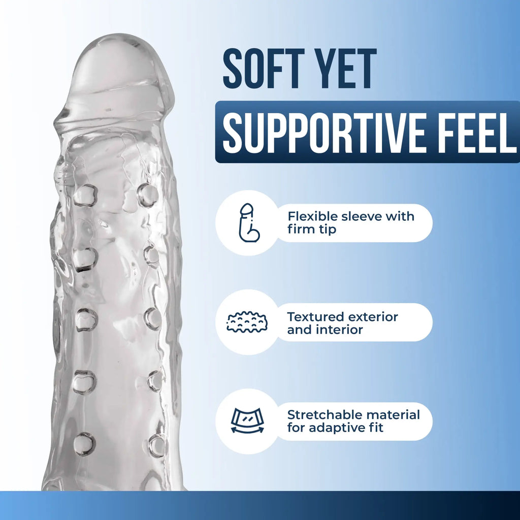 Size Matters The Clearly Ample penis extender: a clear, textured, stretchable sleeve with a firm tip and soft feel.