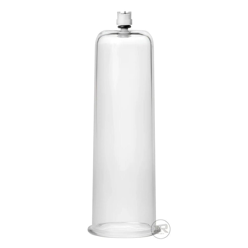 Size Matters clear, cylindrical enhancement pump with a white top valve, isolated against a white background.