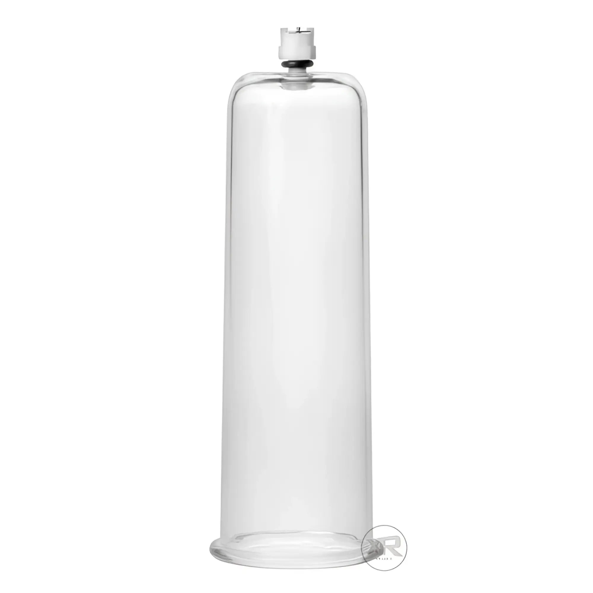 Size Matters clear, cylindrical enhancement pump with a white top valve, isolated against a white background.