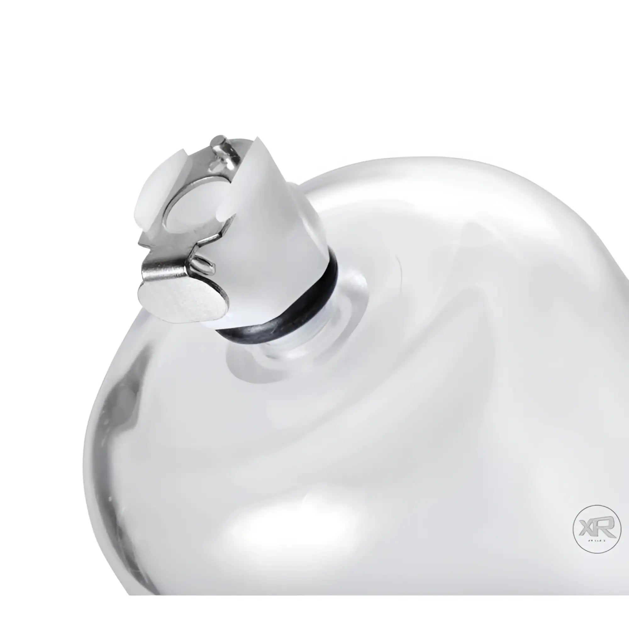 Size Matters clear acrylic cock and ball cylinder with white plastic valve and metal clasp attachment.