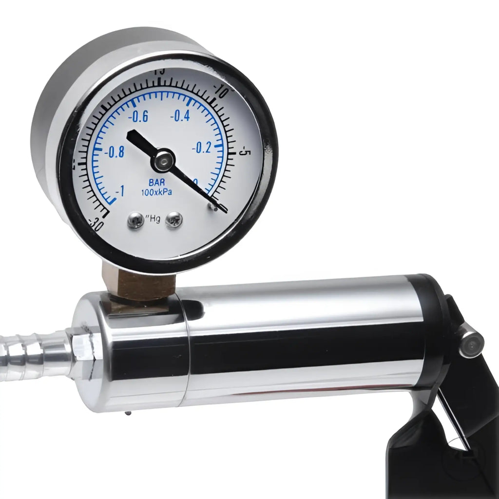 Size Matters Cock and Ball Deluxe pump featuring a chrome handle, black trigger, and a round vacuum pressure gauge.
