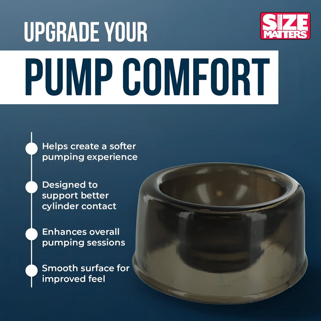Size Matters Comfort Penis Pump Cylinder Seal: A dark, translucent, smooth ring designed to enhance pumping comfort.
