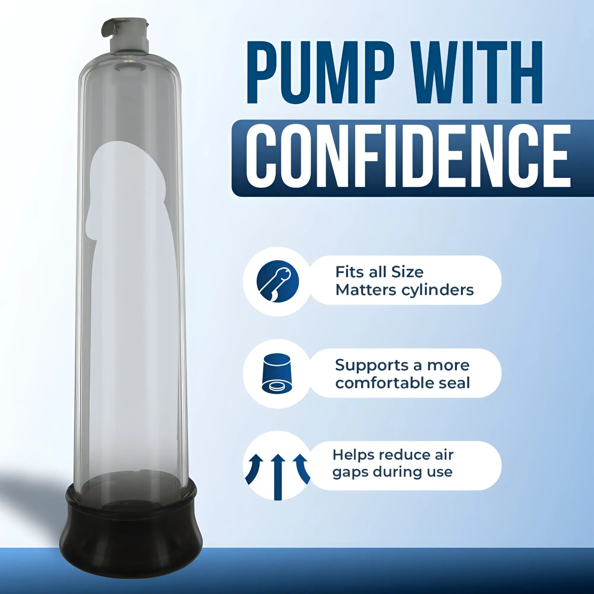 Size Matters Comfort Penis Pump clear cylinder with black base and seal, shown against a blue background with feature text.