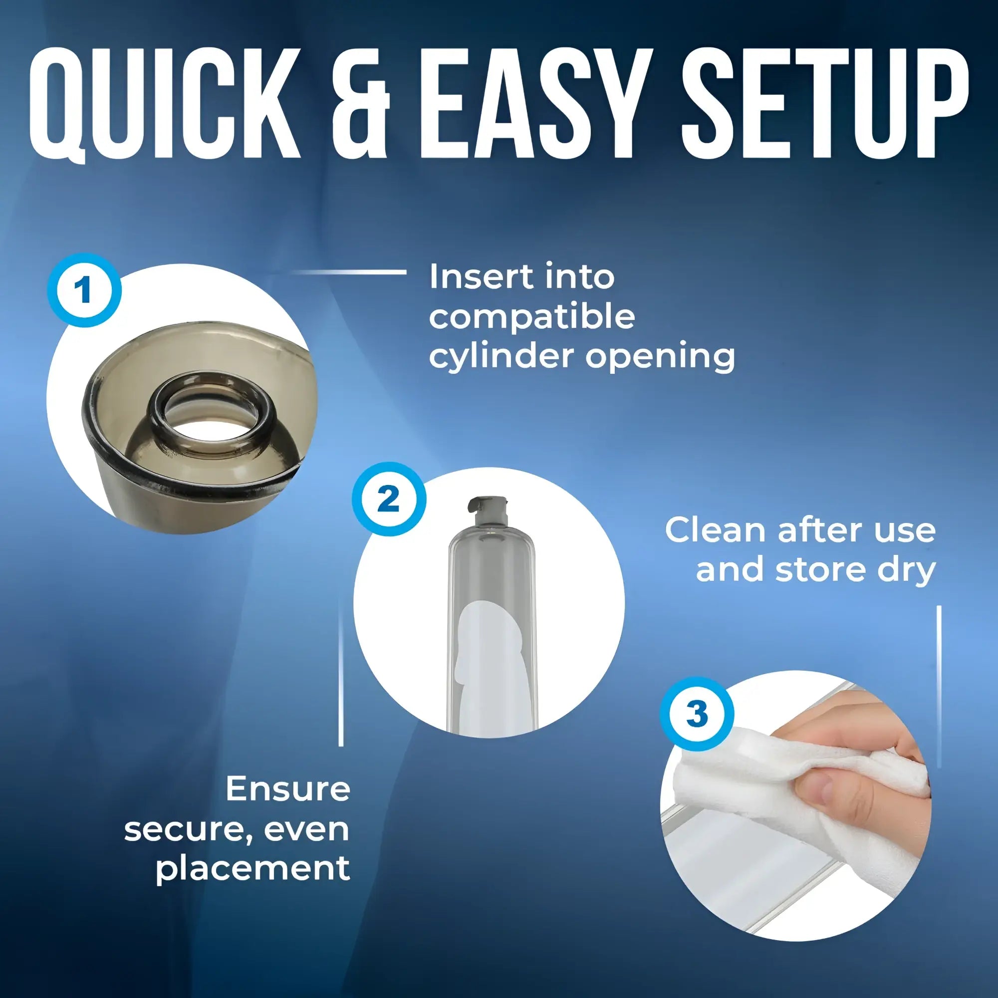 Instructional graphic for Size Matters Comfort Penis Pump Cylinder Seal showing setup and cleaning steps.