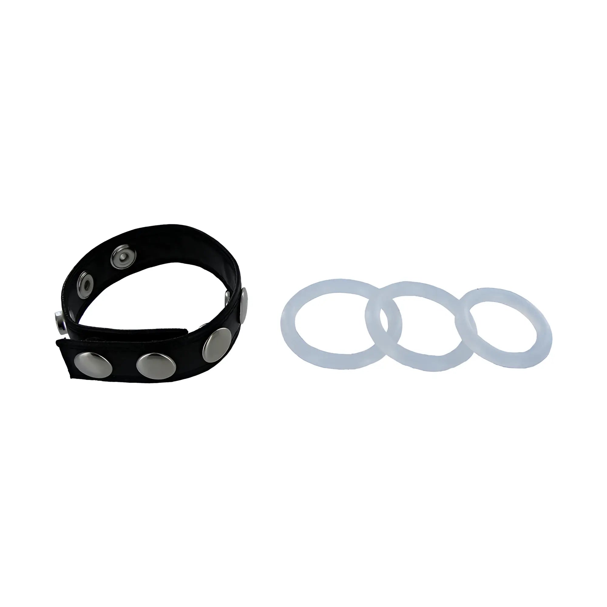 Size Matters Deluxe Pump Kit accessory set: one black leather-style strap with silver studs and three clear rings.