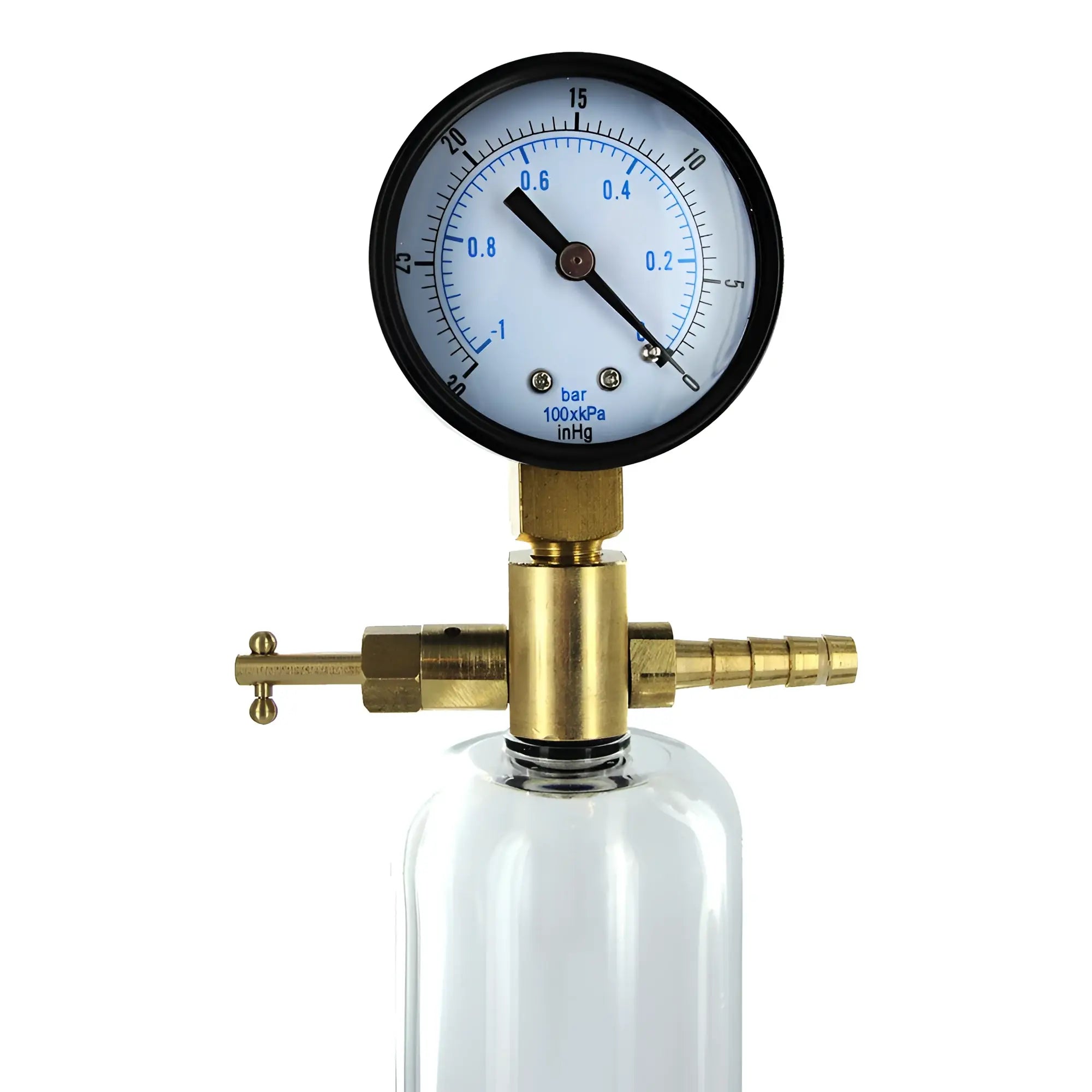 Size Matters Deluxe Electric Penis Pump Kit featuring a circular pressure gauge, gold brass fittings, and clear cylinder.