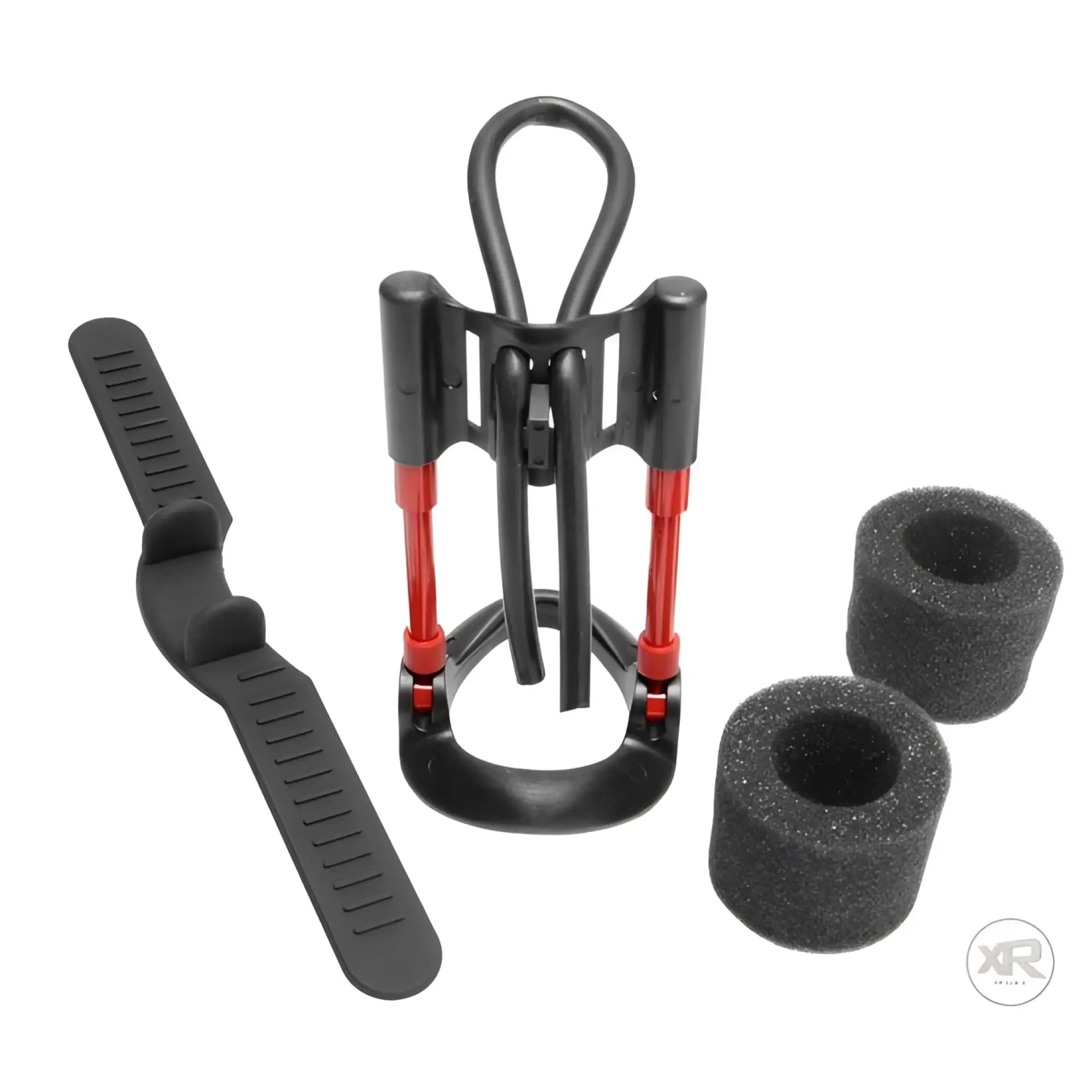 Size Matters Deluxe Penile Aide Pro kit with a black and red tension device, a silicone strap, and two foam pads.