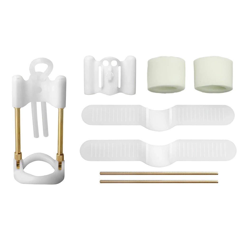 Size Matters Deluxe Penis Enlarger System: white plastic frame and silicone parts with two gold-tone metal rods.