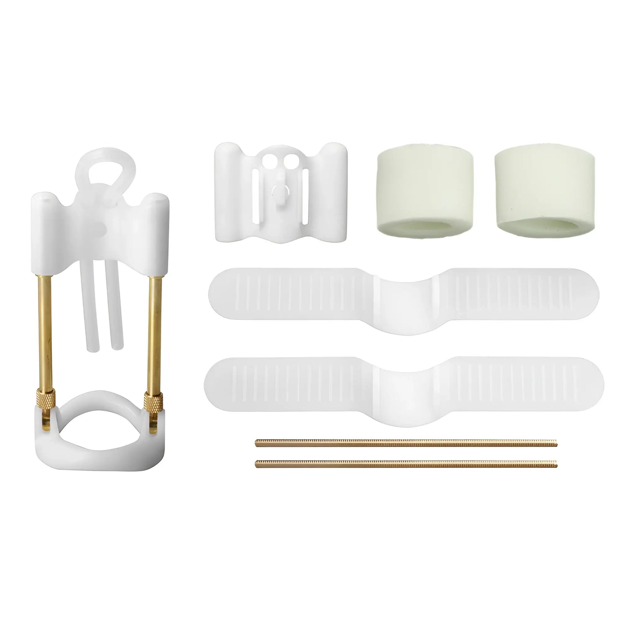 Size Matters Deluxe Penis Enlarger System: white plastic frame and silicone parts with two gold-tone metal rods.