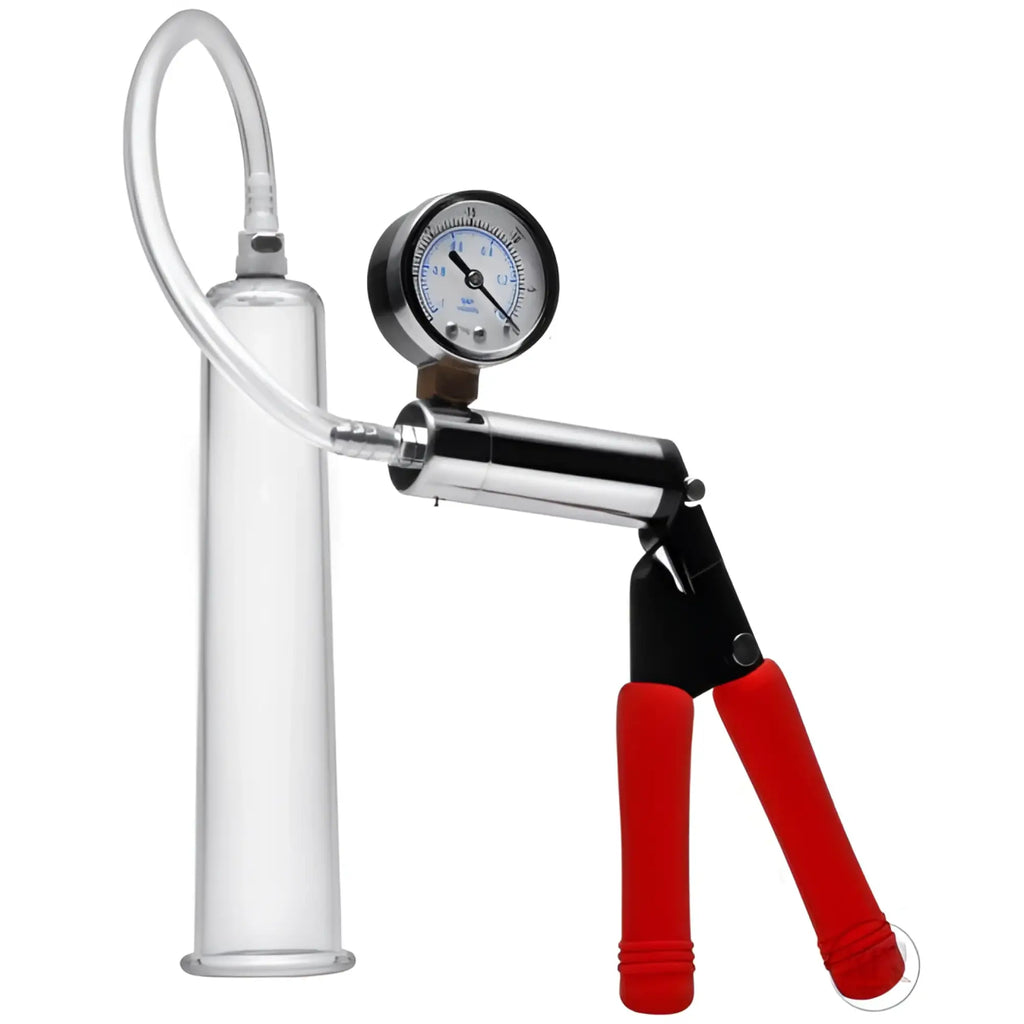 Size Matters Deluxe Penis Pump Kit with clear cylinder, metal pump handle, red foam grips, and a pressure gauge.