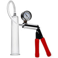 Size Matters Deluxe Penis Pump Kit with clear cylinder, metal pump handle, red foam grips, and a pressure gauge.