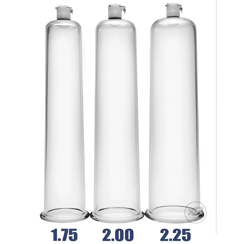 Size Matters Deluxe Penis Pump kit: three clear cylindrical tubes in 1.75, 2.00, and 2.25-inch diameters.