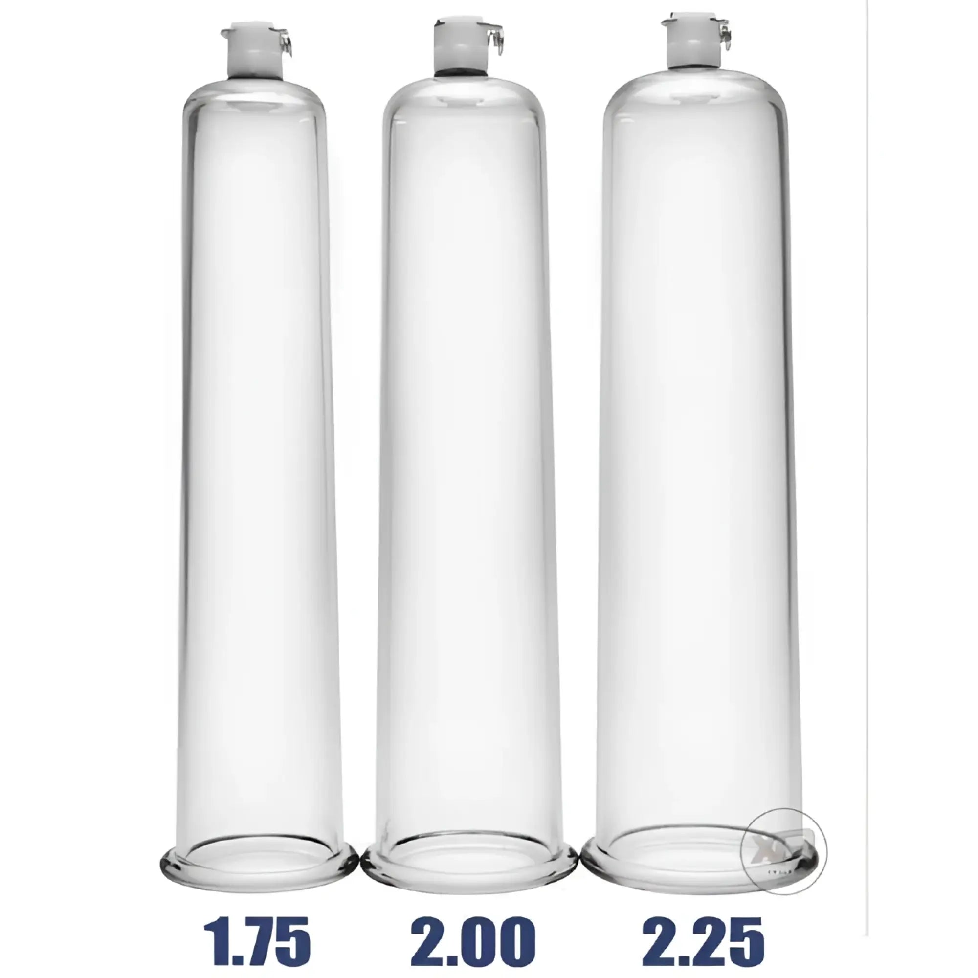 Size Matters Deluxe Penis Pump kit: three clear cylindrical tubes in 1.75, 2.00, and 2.25-inch diameters.