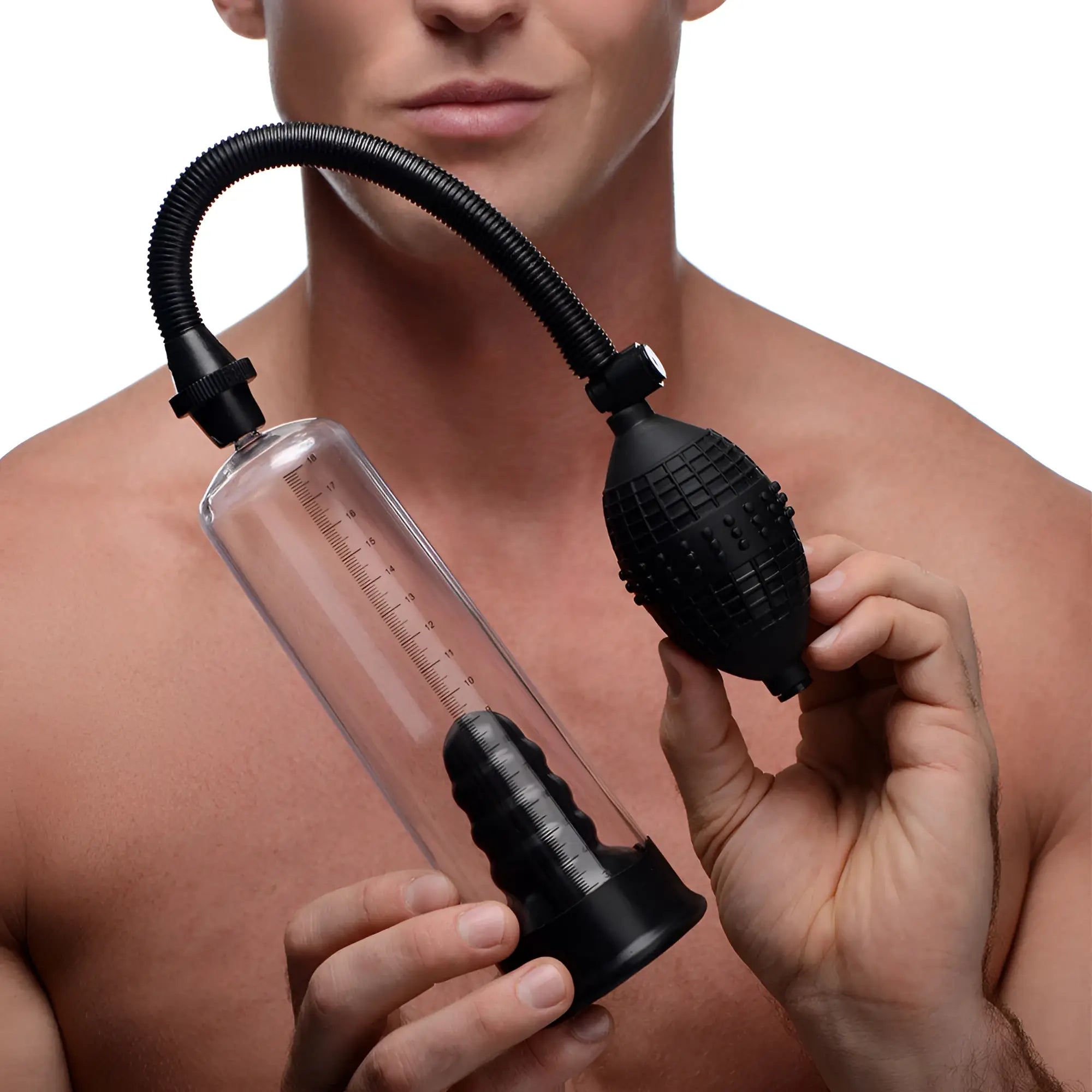 Size Matters Deluxe penis pump with clear graduated cylinder, black suction sleeve, and hand-operated vacuum bulb.