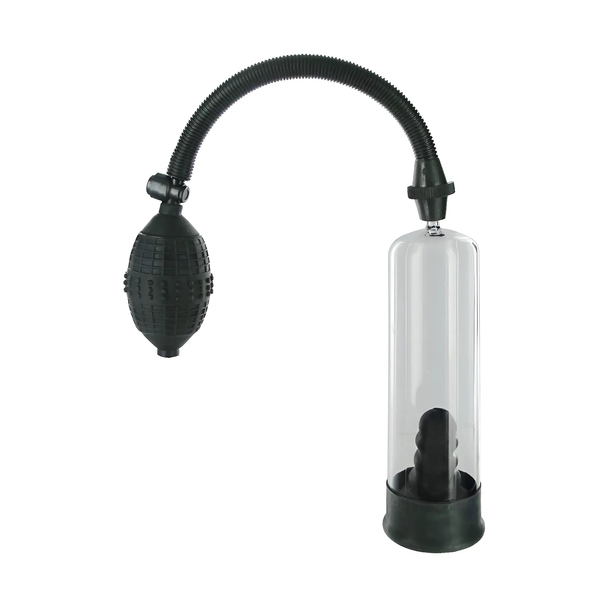 Size Matters Deluxe Penis Pump features a clear cylinder, black suction sleeve, flexible hose, and black hand pump bulb.