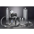 Size Matters Deluxe Men's Pumping Set with black hand pump, pressure gauge, clear cylinders, tubing, and accessories.
