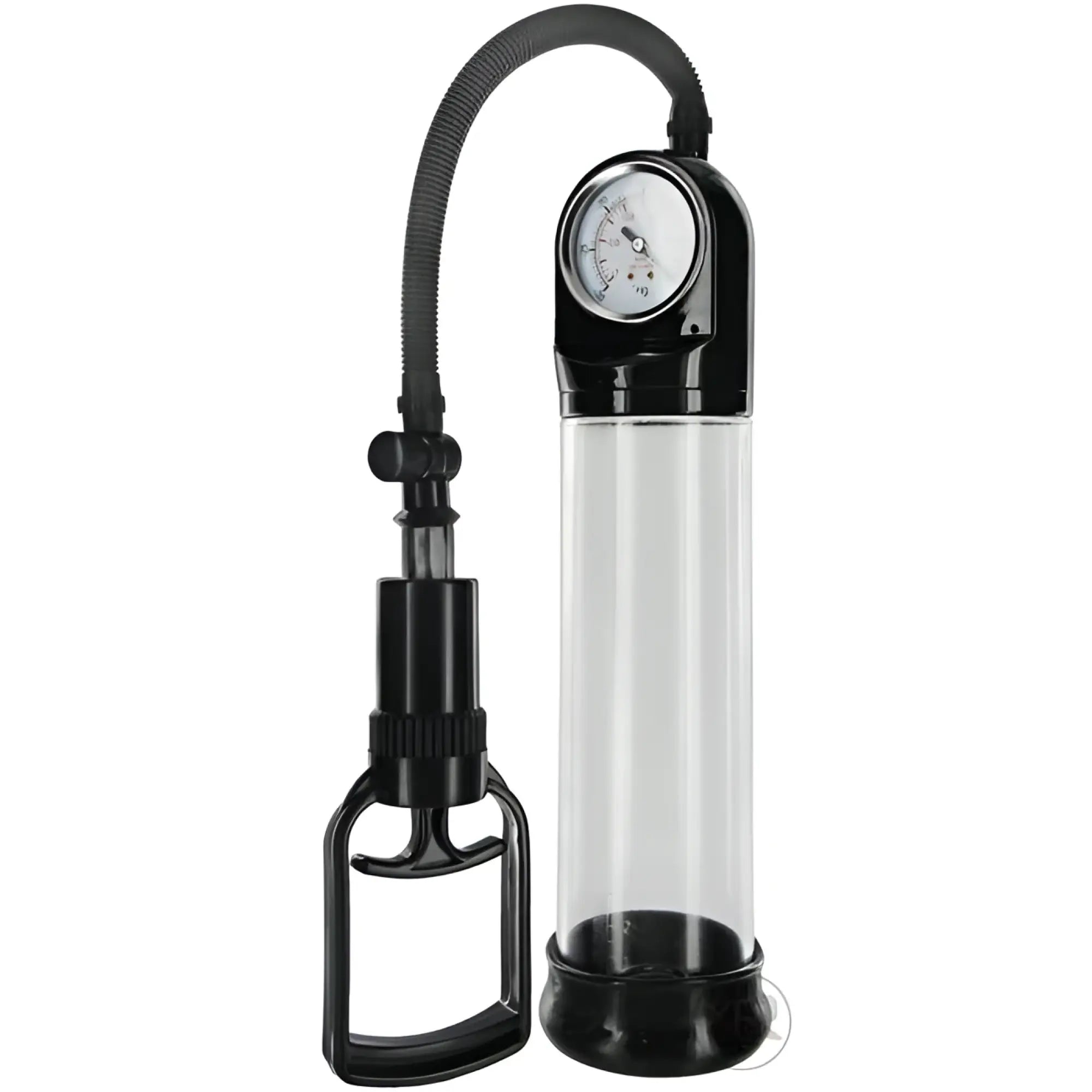 Size Matters Deluxe Trigger Pump with clear cylinder, black handle, and integrated pressure gauge.