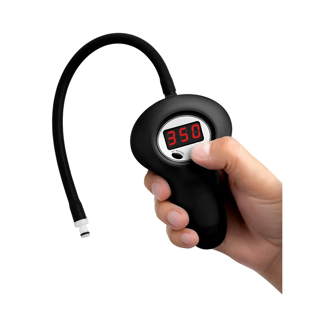 Size Matters black handheld digital pump with a flexible hose and connector, displaying a red numerical readout.