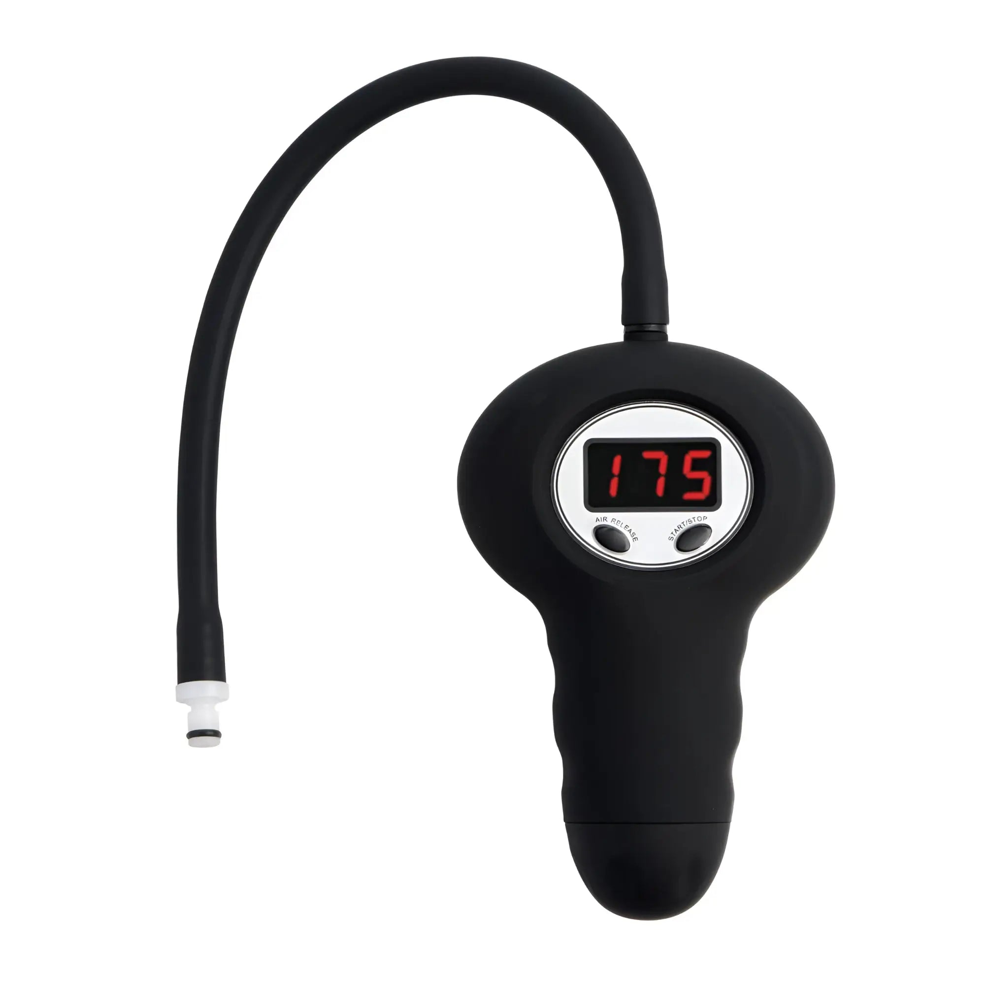 Size Matters black digital pump with a hose, white connector tip, and a digital display showing "175" against a white.