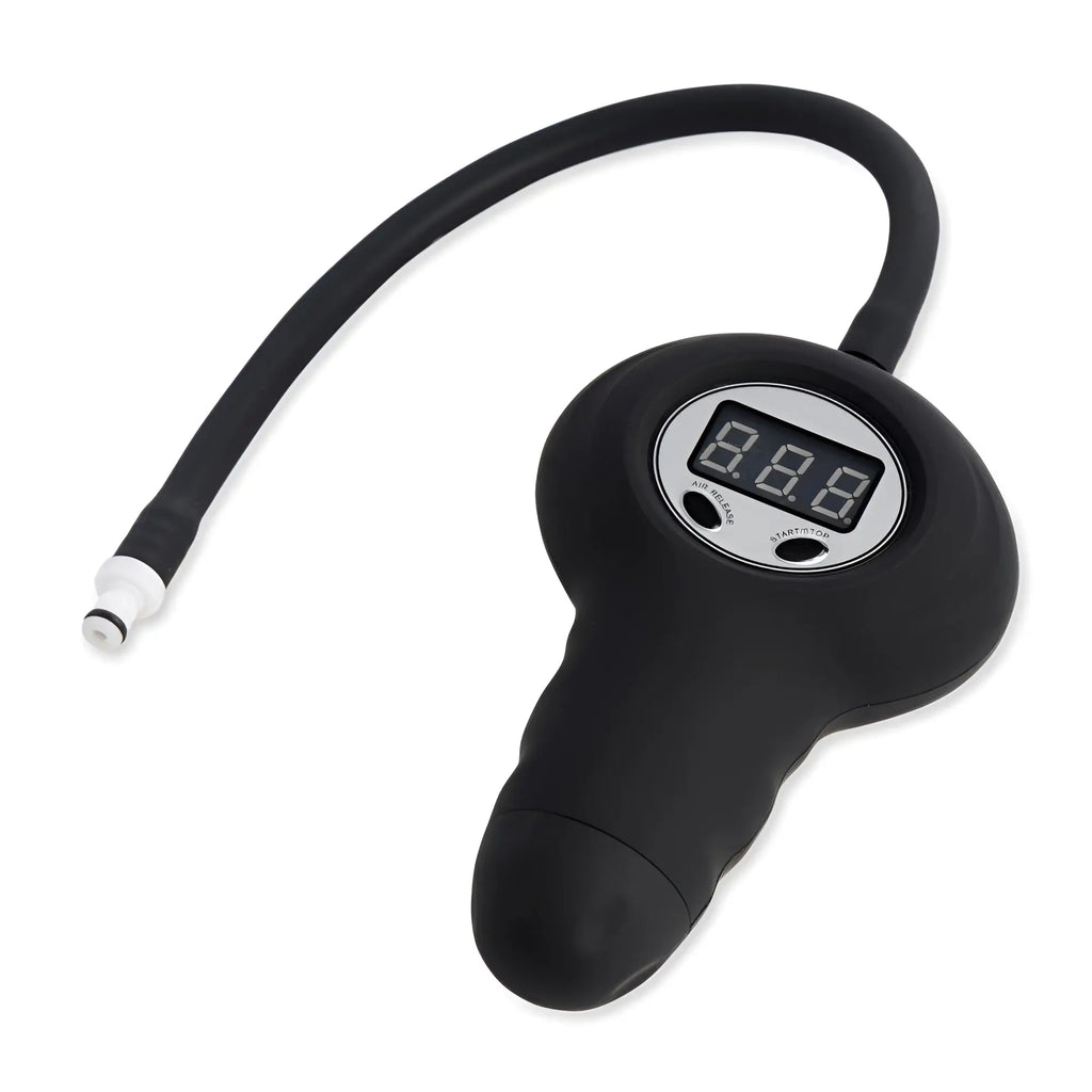 Size Matters digital pump in matte black with an integrated air release button, digital display, and rubber hose.