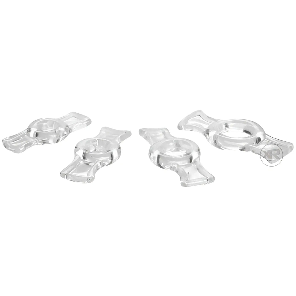 Size Matters The Endurance Penis Ring Set: four clear, flexible silicone rings with a distinctive tabbed design.
