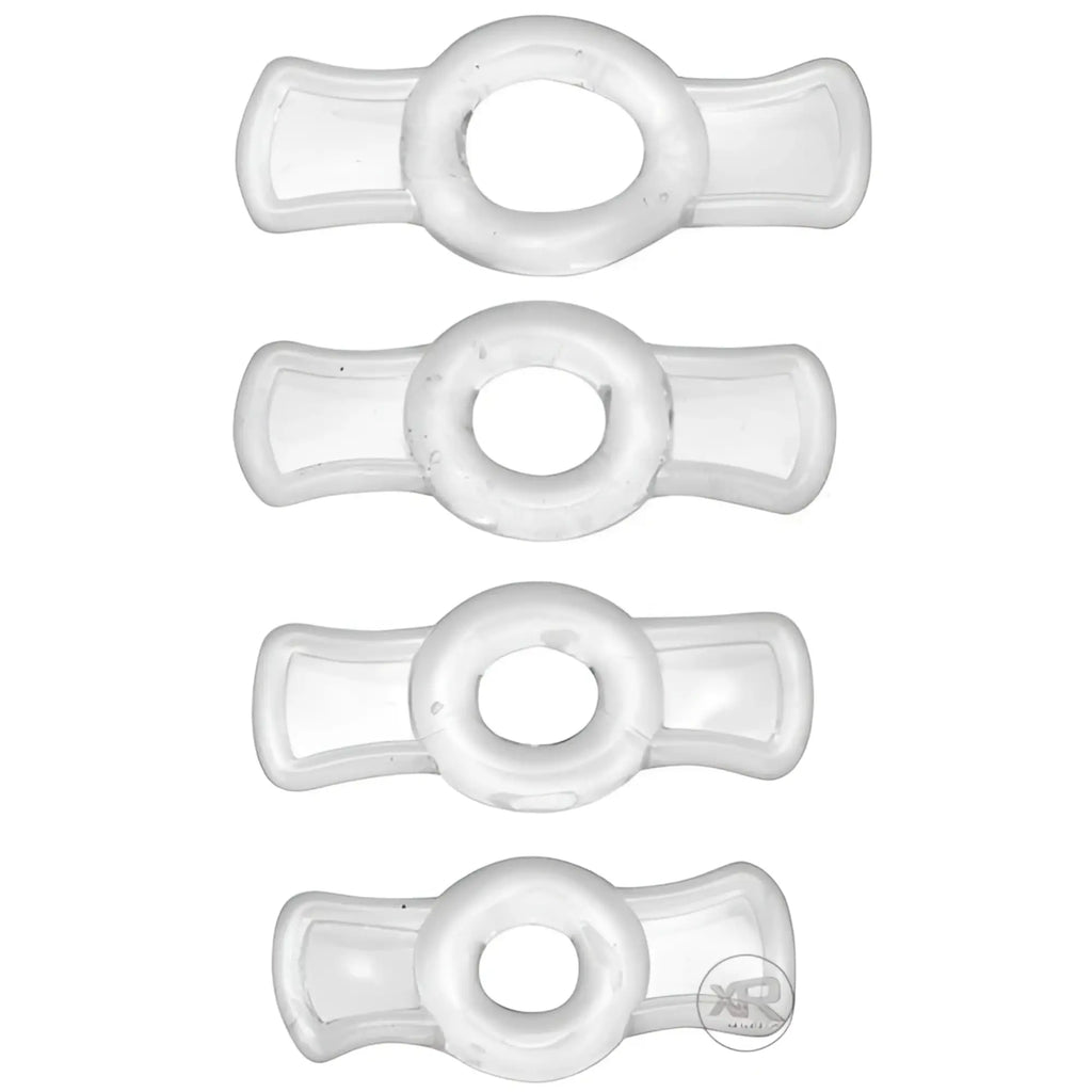 Size Matters The Endurance Penis Ring Set: Four clear, silicone rings with side-tab designs in graduated sizes.