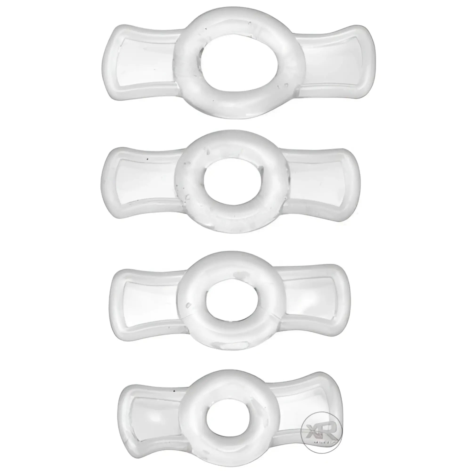 Size Matters The Endurance Penis Ring Set: Four clear, silicone rings with side-tab designs in graduated sizes.