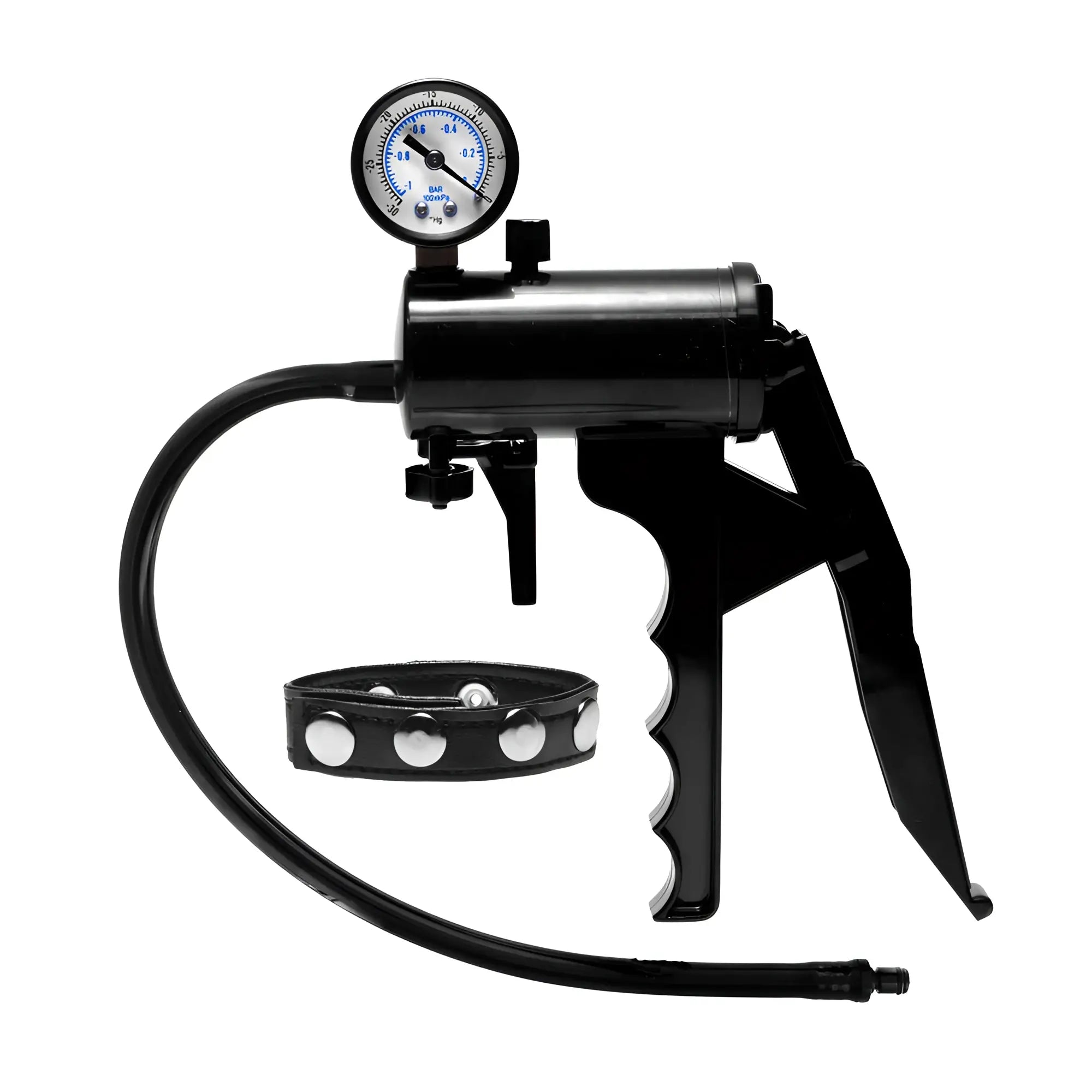 Size Matters black hand pump with pressure gauge, attached hose, and a studded black leather wrist strap.