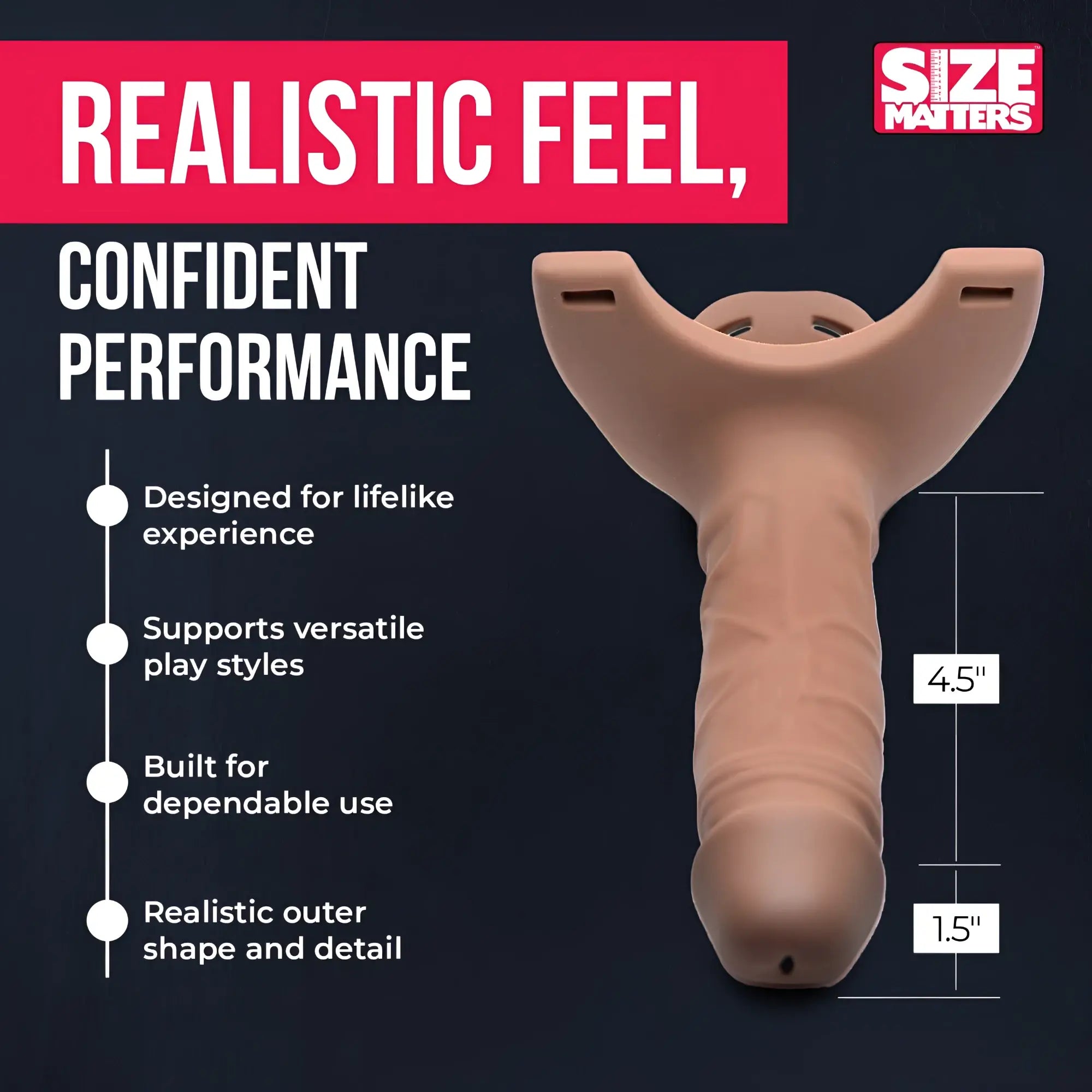 Size Matters tan hollow silicone strap-on dildo with realistic textured detail, shown with 4.5" length dimensions.