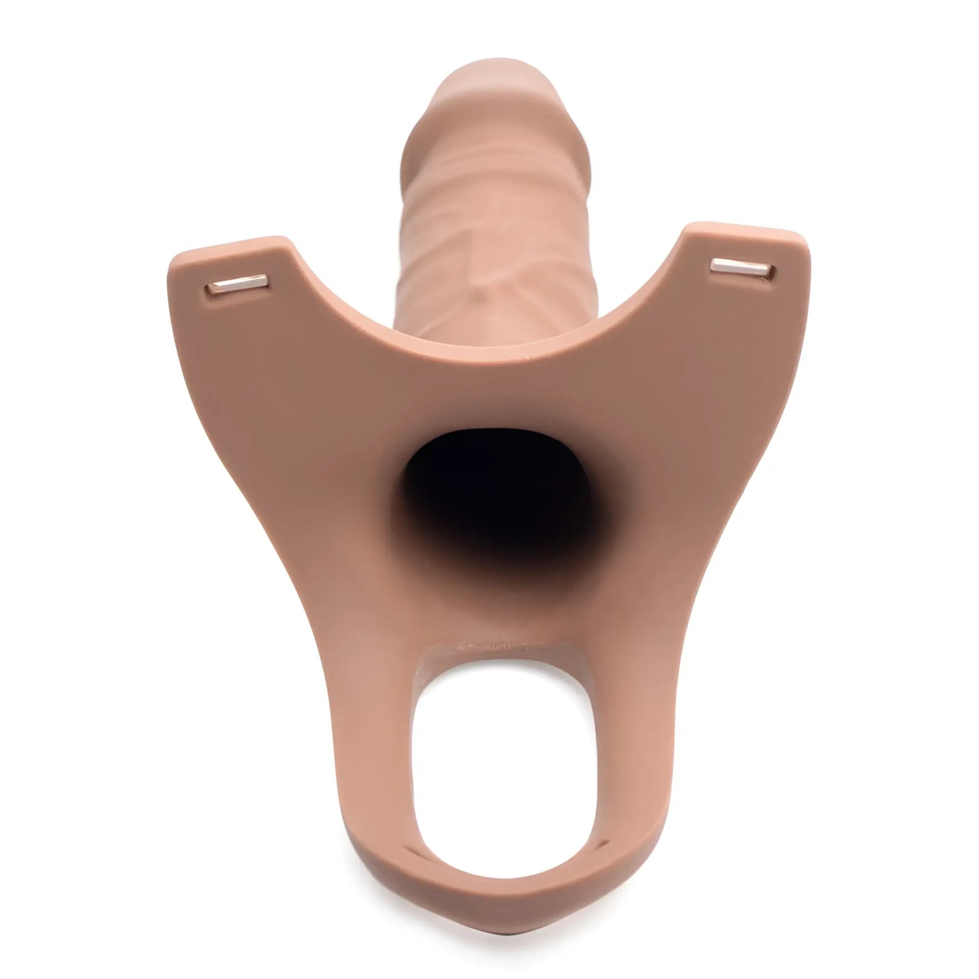 Size Matters Hollow Silicone Strap-On in tan, featuring a realistic textured dildo base with a harness mounting plate.