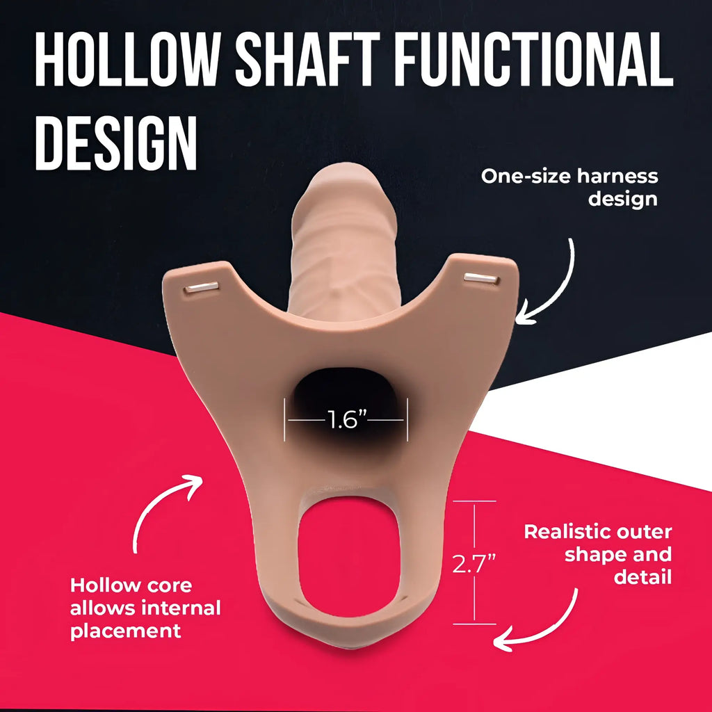 Size Matters hollow silicone dildo strap-on in beige, featuring a realistic shaft and integrated harness base.