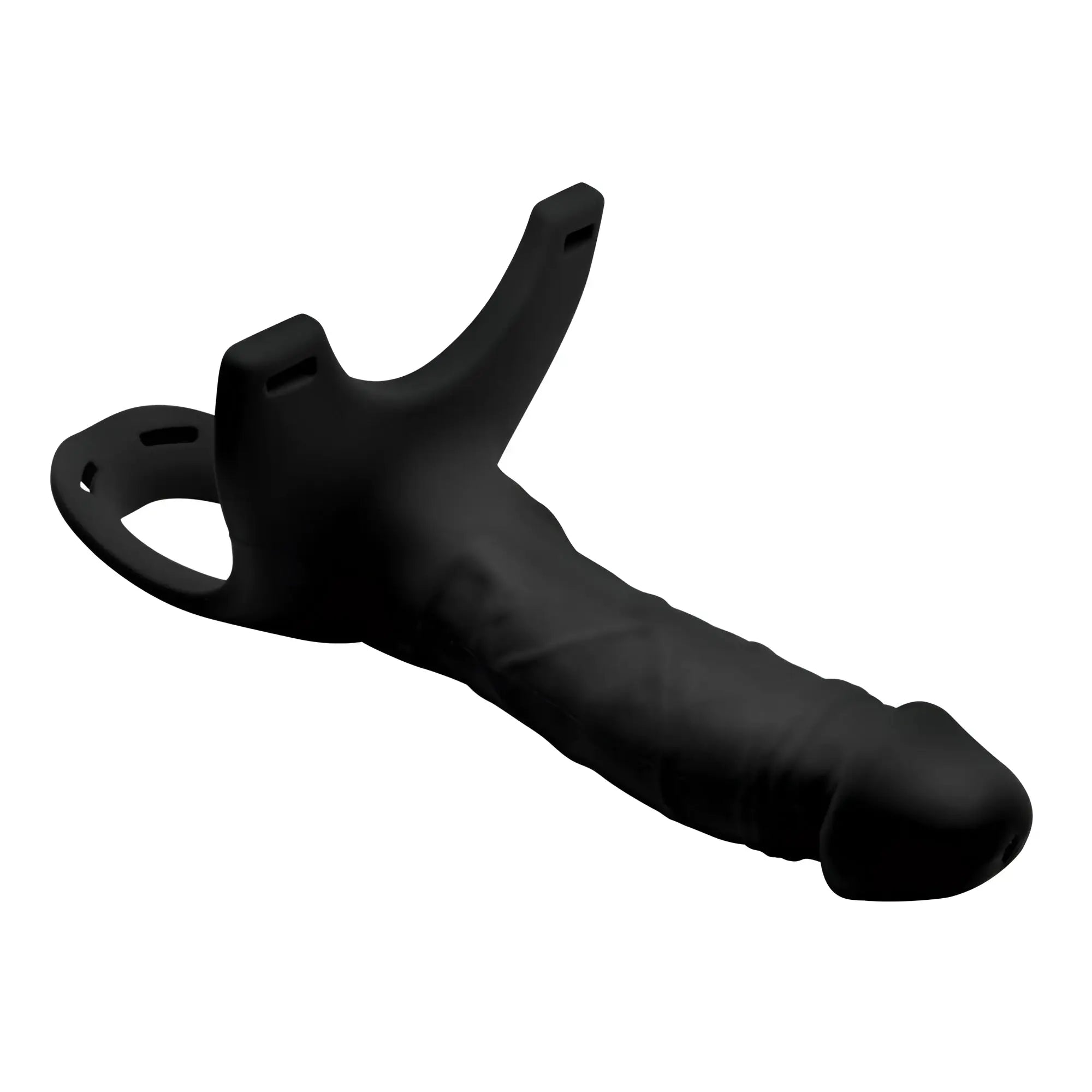 Size Matters black hollow silicone strap-on dildo with a textured, realistic shaft and an integrated harness base.