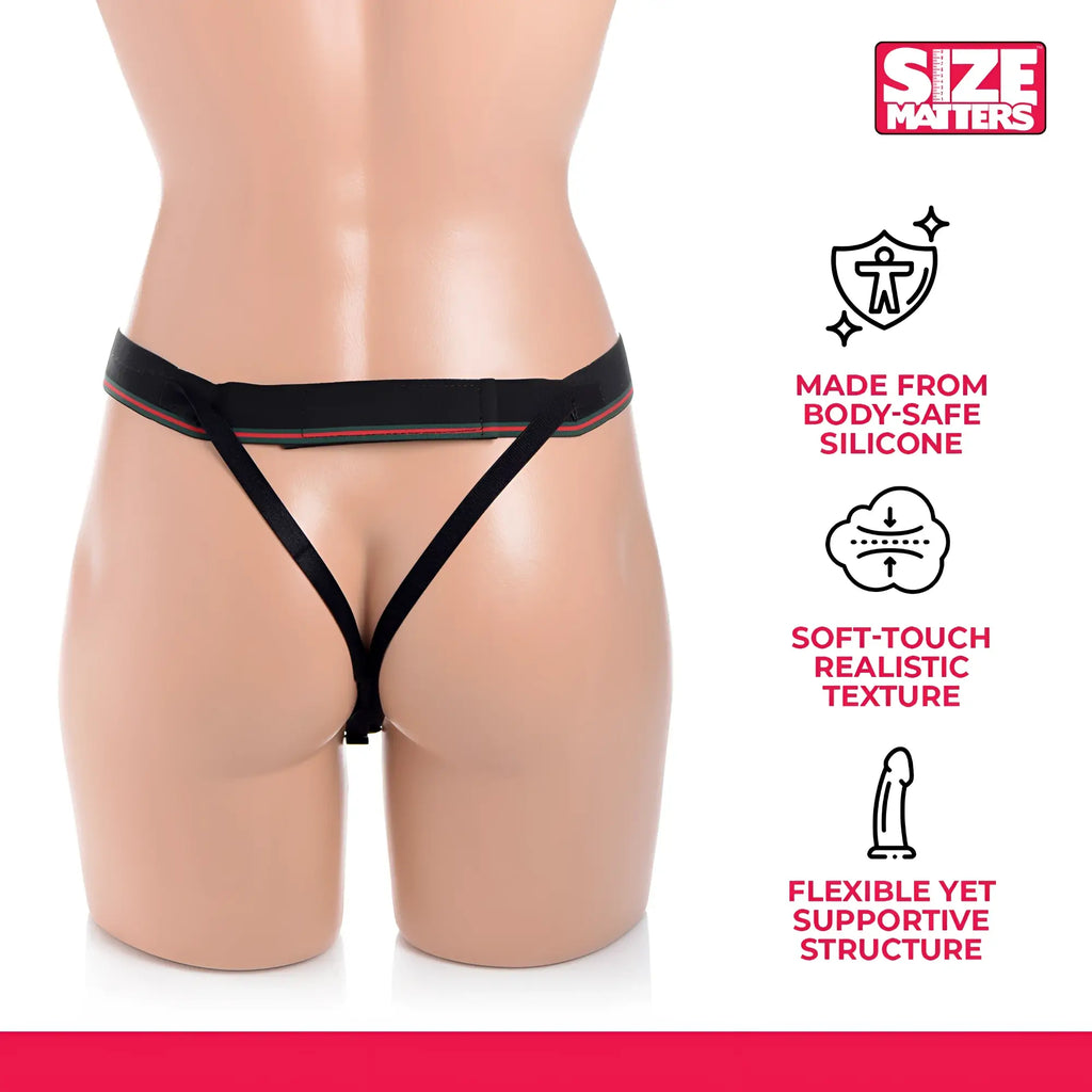Size Matters Hollow Silicone Dildo Strap-On features a black harness with red and green stripes on a mannequin torso.