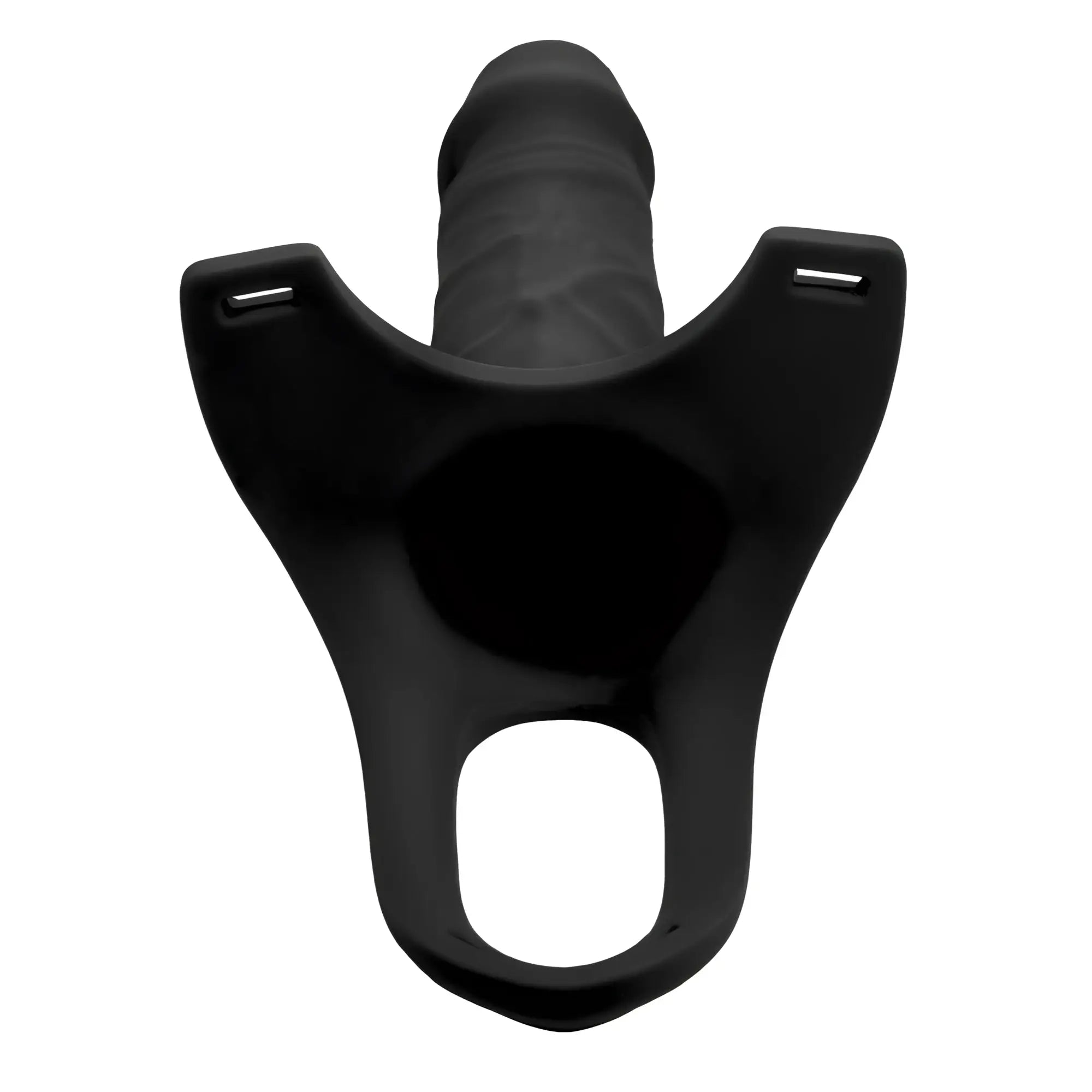 Size Matters black hollow silicone strap-on dildo with a Y-shaped harness attachment base on a plain white background.