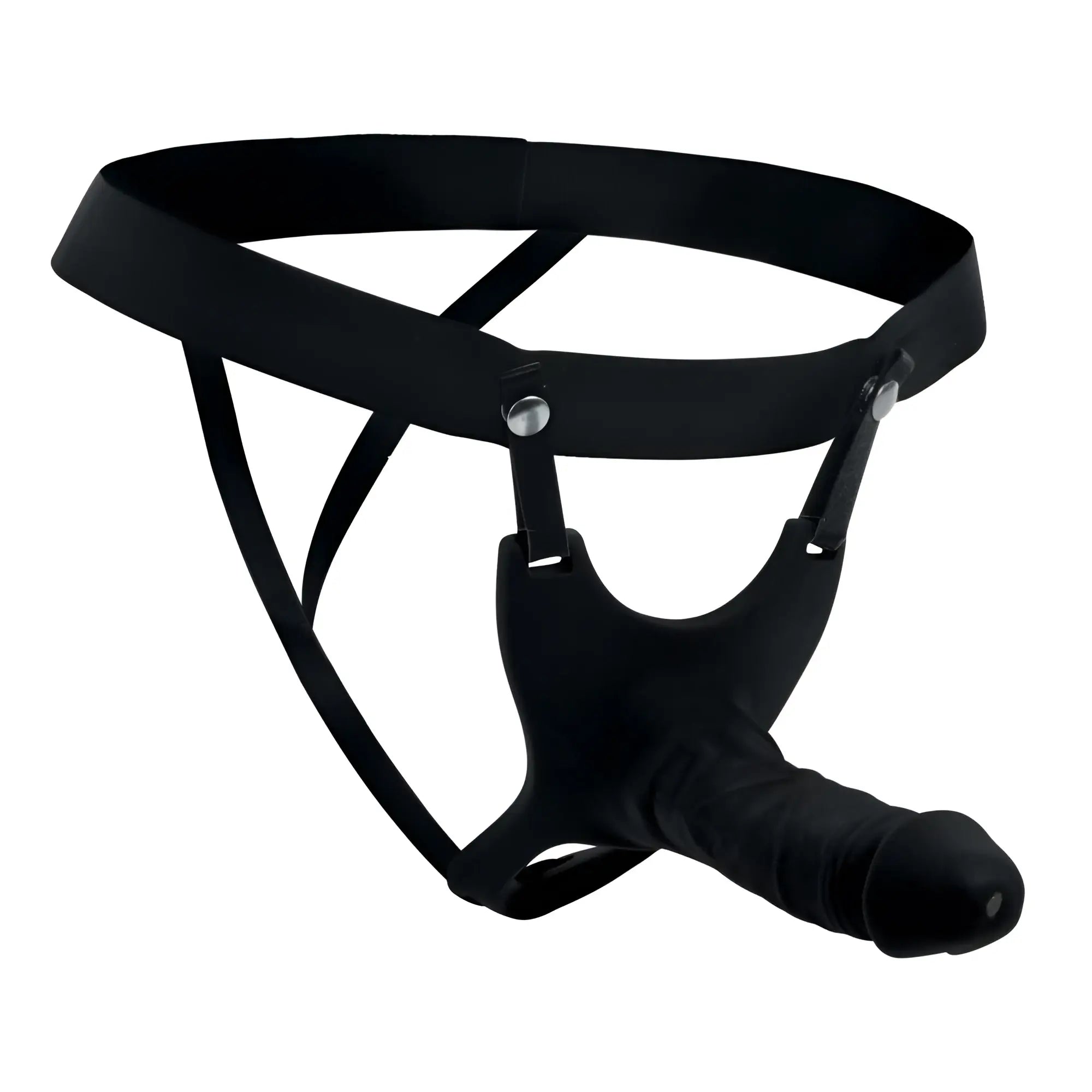 Size Matters black silicone strap-on with an adjustable harness and a realistic, hollow dildo attachment.