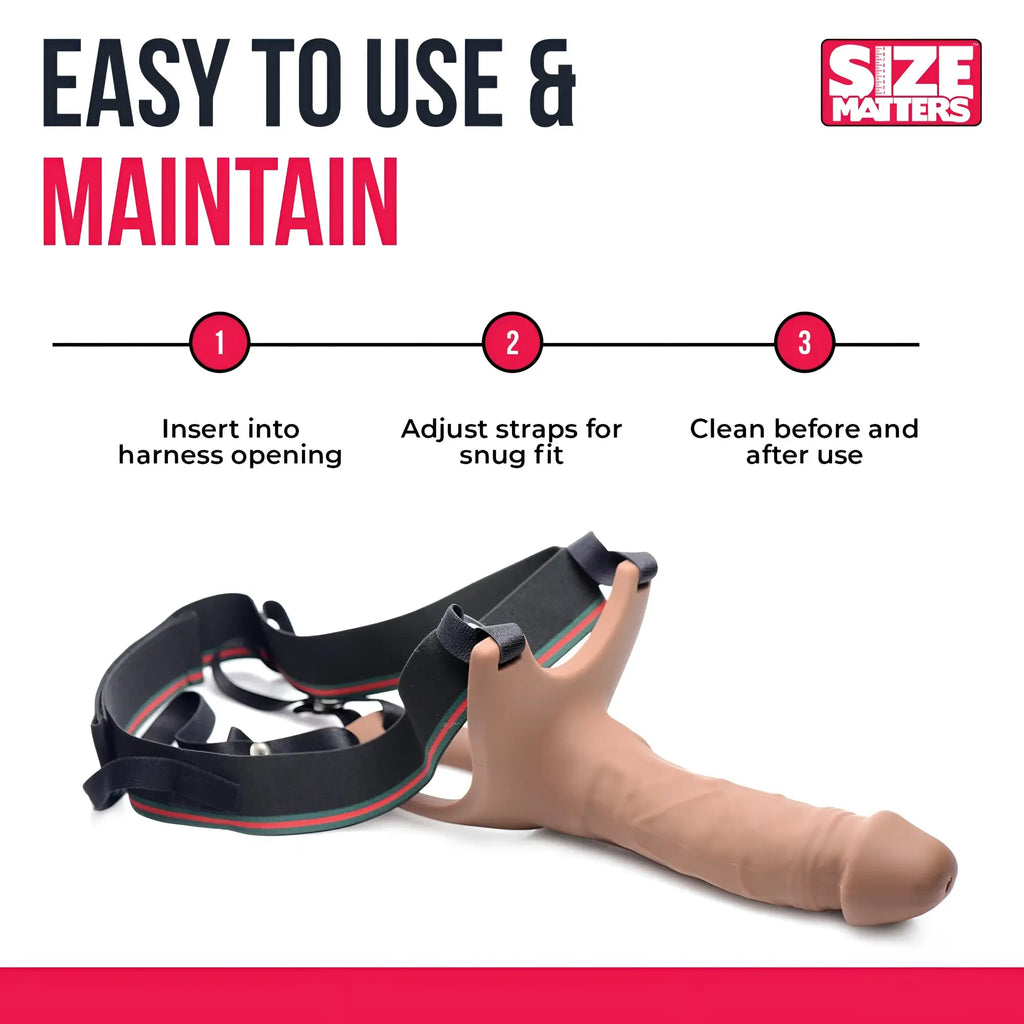 Size Matters hollow silicone dildo strap-on featuring a tan dildo attached to a black and green adjustable harness.