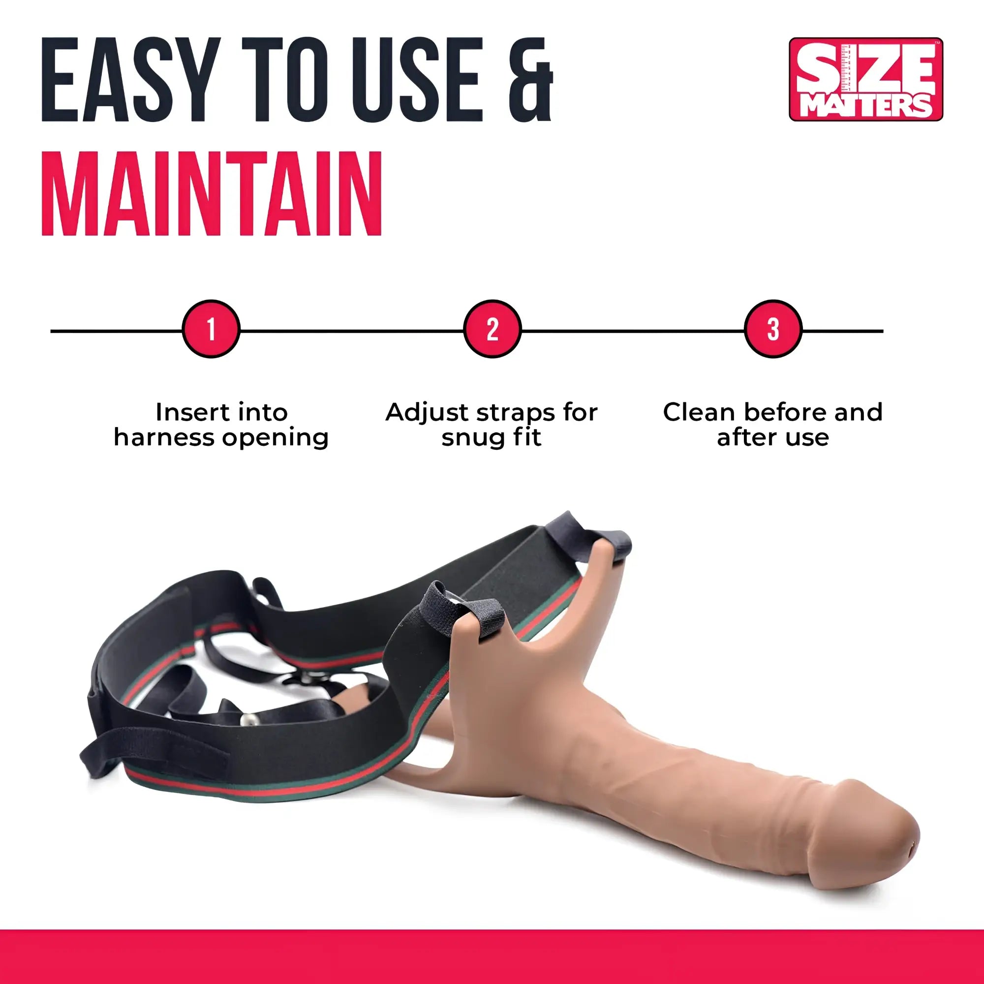 Size Matters hollow silicone dildo strap-on featuring a tan dildo attached to a black and green adjustable harness.