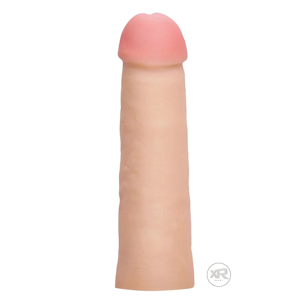 Size Matters Mega Enlarger: A realistic, skin-toned, textured silicone penis enhancement sleeve on a white background.