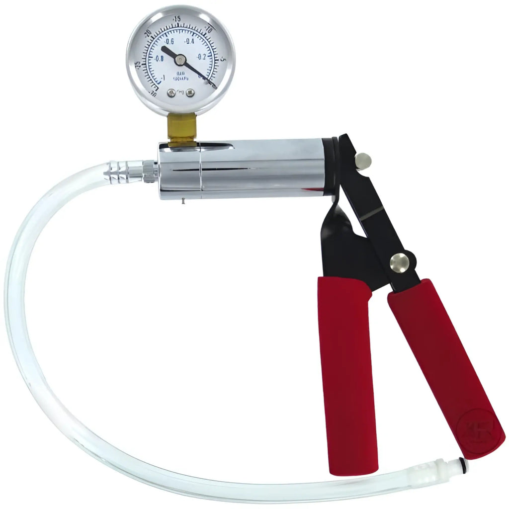 Size Matters Metal Penis Pump: A chrome vacuum pump featuring a pressure gauge and black handle with red grips.